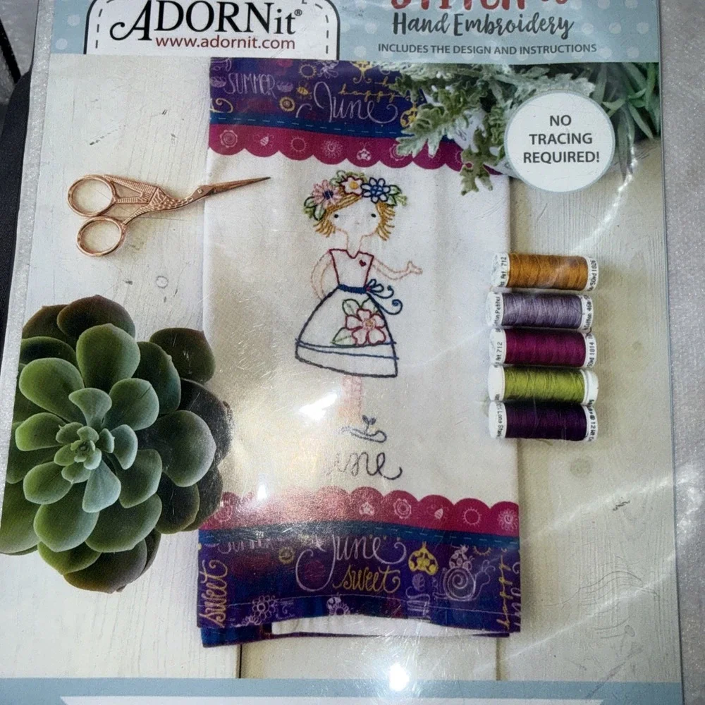 Adornit Stitch it Hand Embroidery Calendar Girl Series Tea Towel JUNE NO THREAD